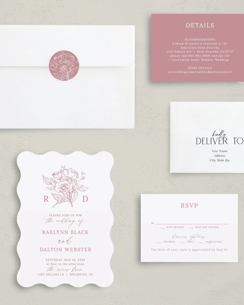 This is a 5" x 7" Wavy Wedding Invitation called Blushing Rose printed in full color with Silver foil on Luxe Satin (coated) paper