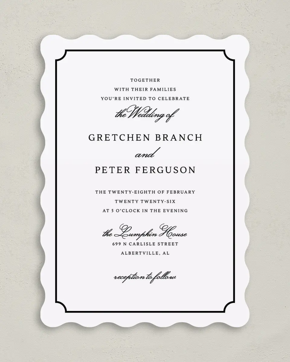 This is a 5" x 7" Wavy Wedding Invitation called Elegant Tradition printed in full color on Premium Smooth paper