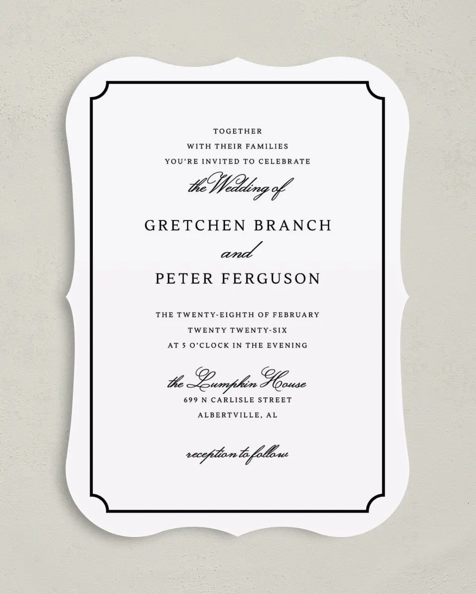 This is a 5" x 7" Bracket Wedding Invitation called Elegant Tradition printed in full color on Premium Smooth paper