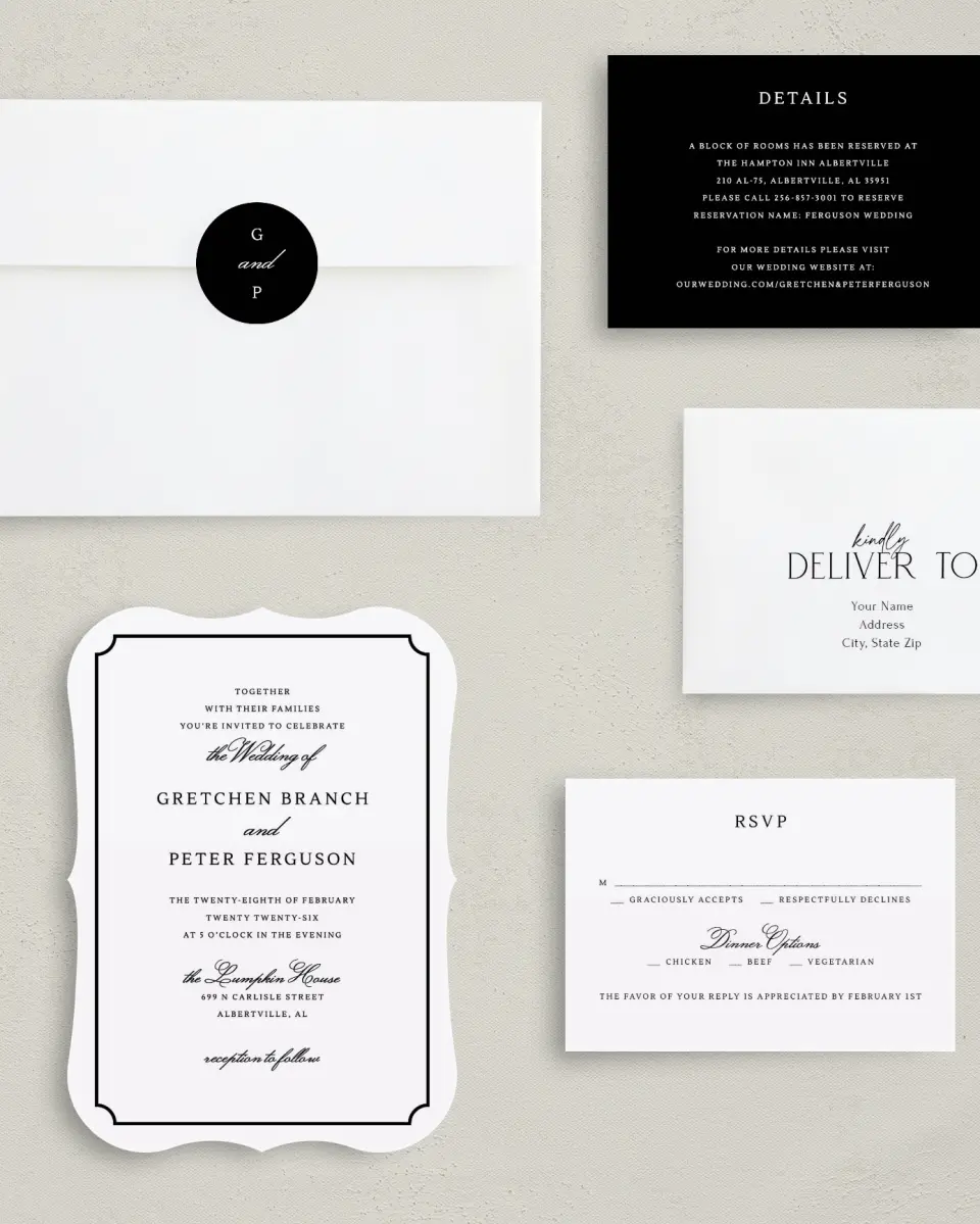 This is a 5" x 7" Bracket Wedding Invitation called Elegant Tradition printed in full color with Silver foil on Luxe Satin (coated) paper