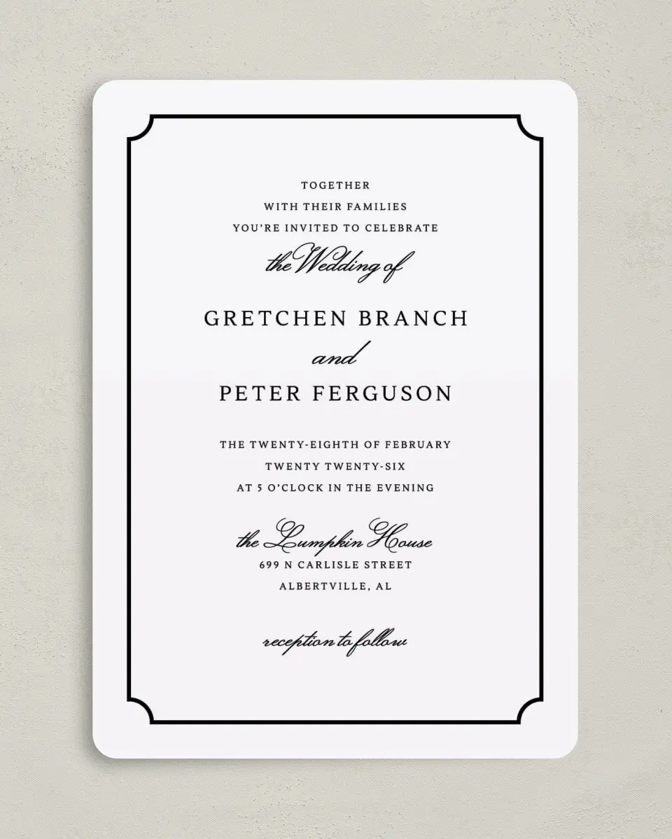 This is a 5" x 7" Rounded Wedding Invitation called Elegant Tradition printed in full color on Premium Smooth paper