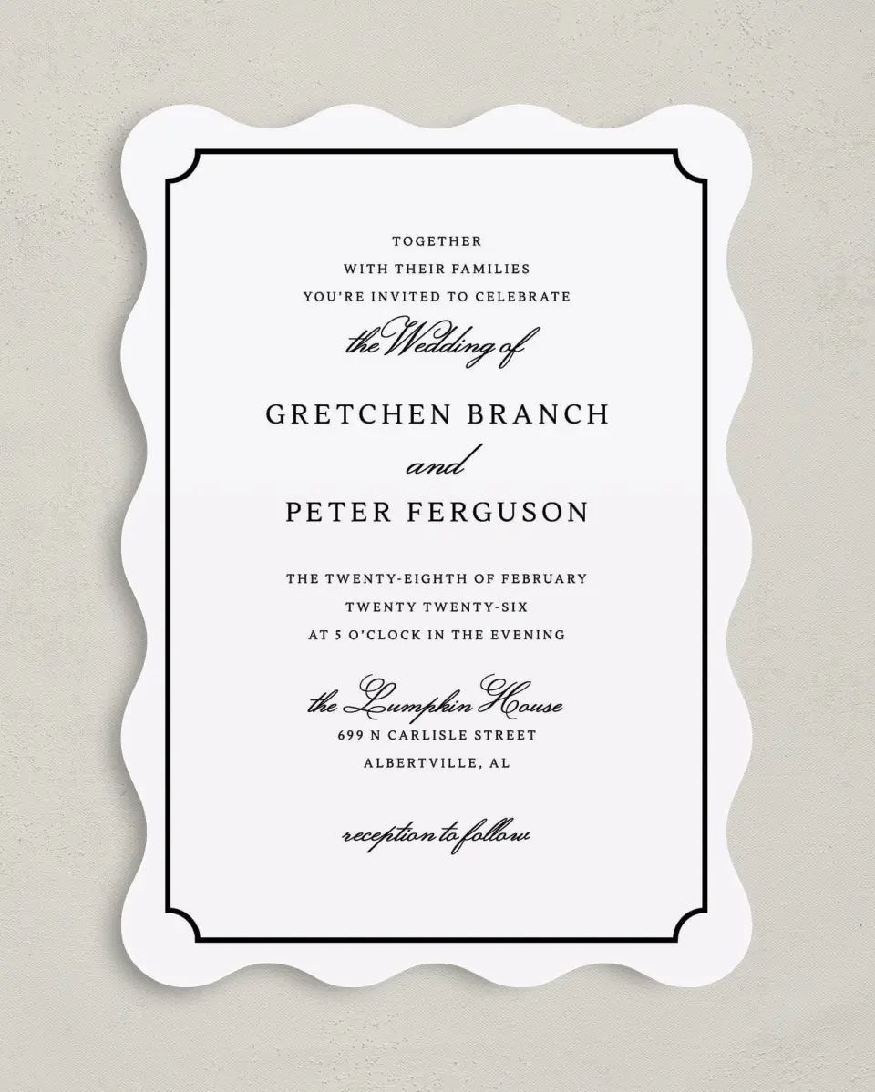 This is a 5" x 7" Wavy Wedding Invitation called Elegant Tradition printed in full color on Premium Smooth paper