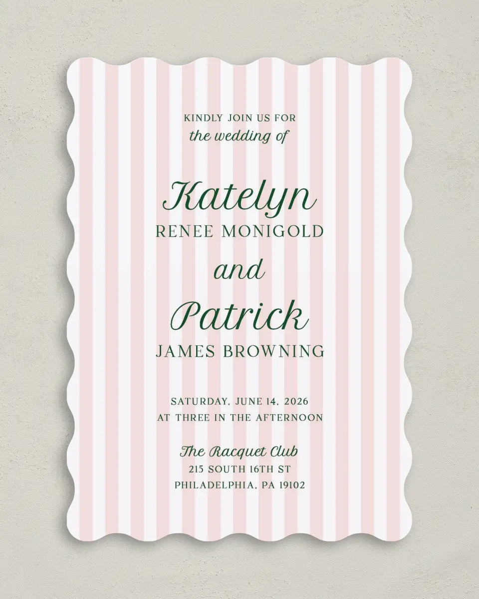 This is a 5" x 7" Wavy Wedding Invitation called A Perfect Match printed in full color on Premium Smooth paper