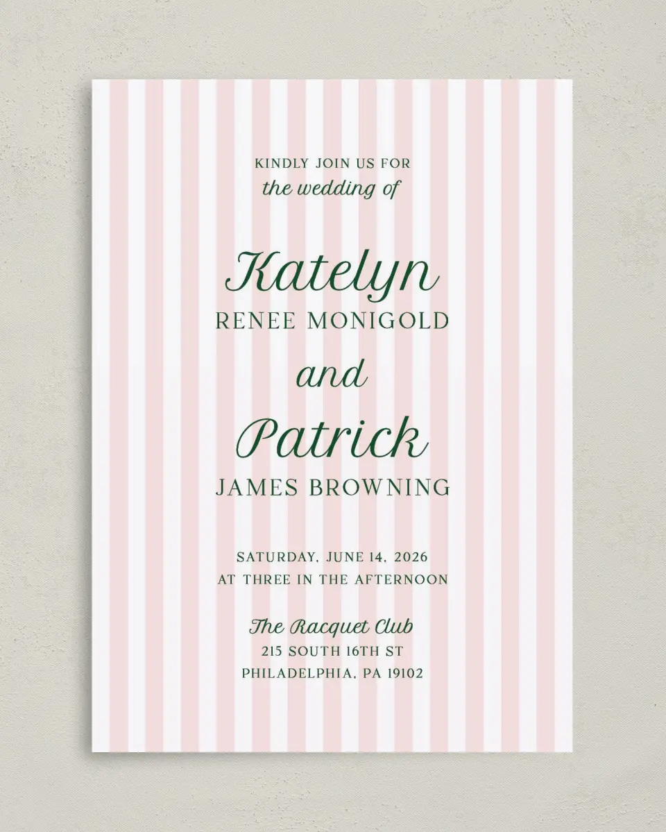 This is a 5" x 7" Classic Wedding Invitation called A Perfect Match printed in full color with Rose Gold foil on Luxe Satin (coated) paper
