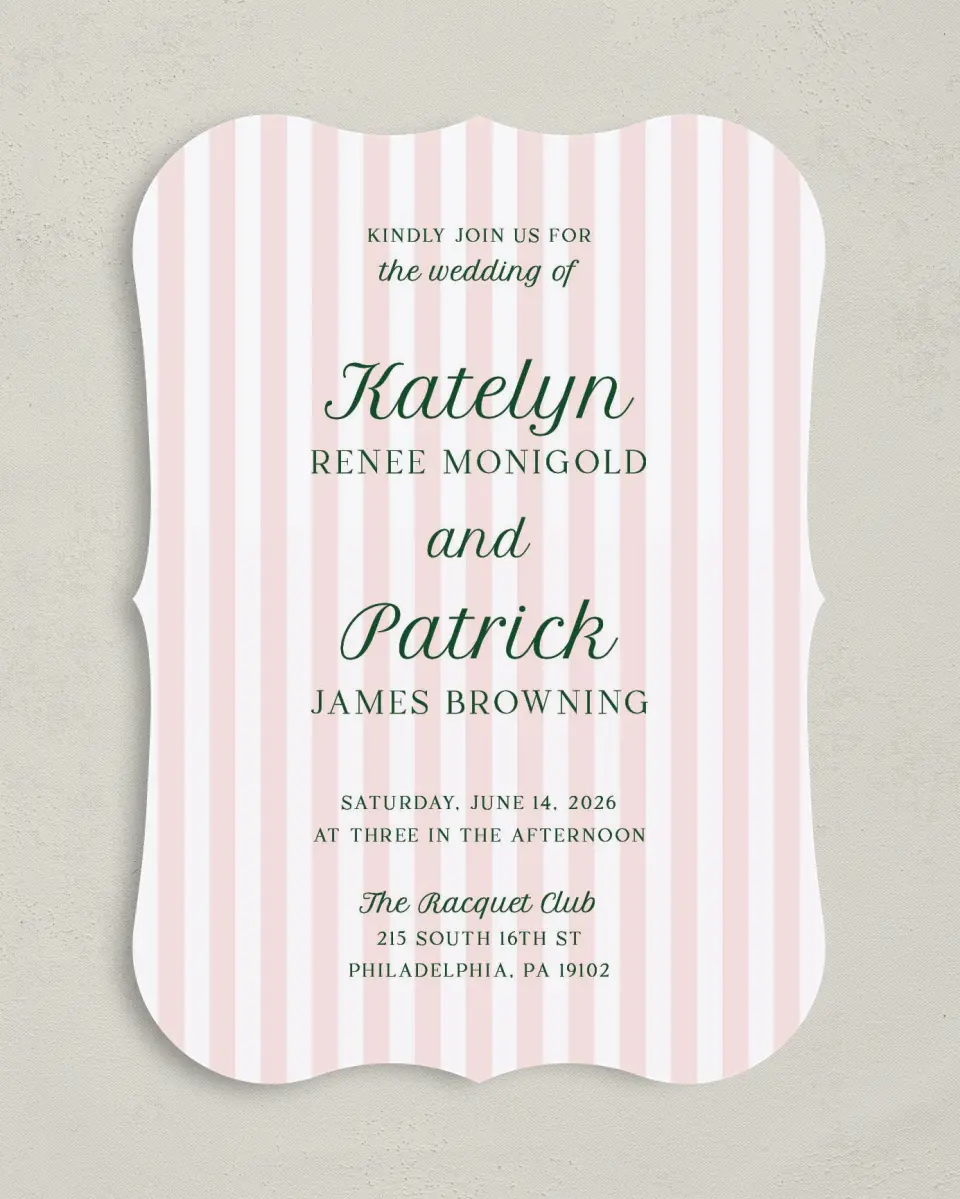 This is a 5" x 7" Bracket Wedding Invitation called A Perfect Match printed in full color with Silver foil on Luxe Satin (coated) paper