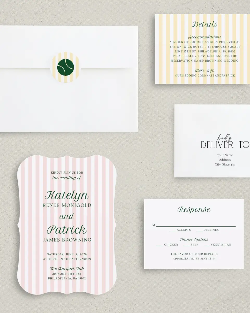 This is a 5" x 7" Bracket Wedding Invitation called A Perfect Match printed in full color with Silver foil on Luxe Satin (coated) paper