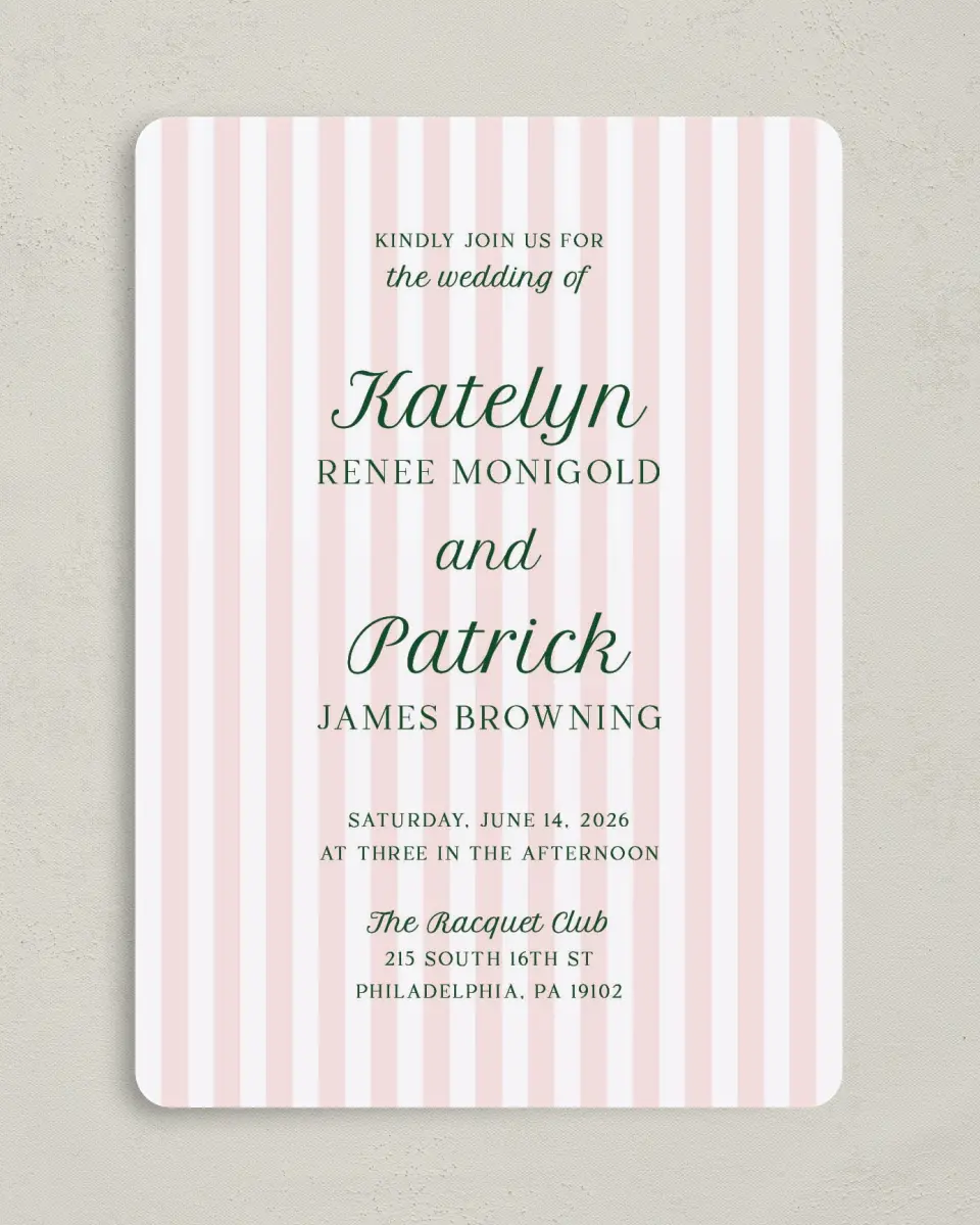 This is a 5" x 7" Rounded Wedding Invitation called A Perfect Match printed in full color on Premium Smooth paper