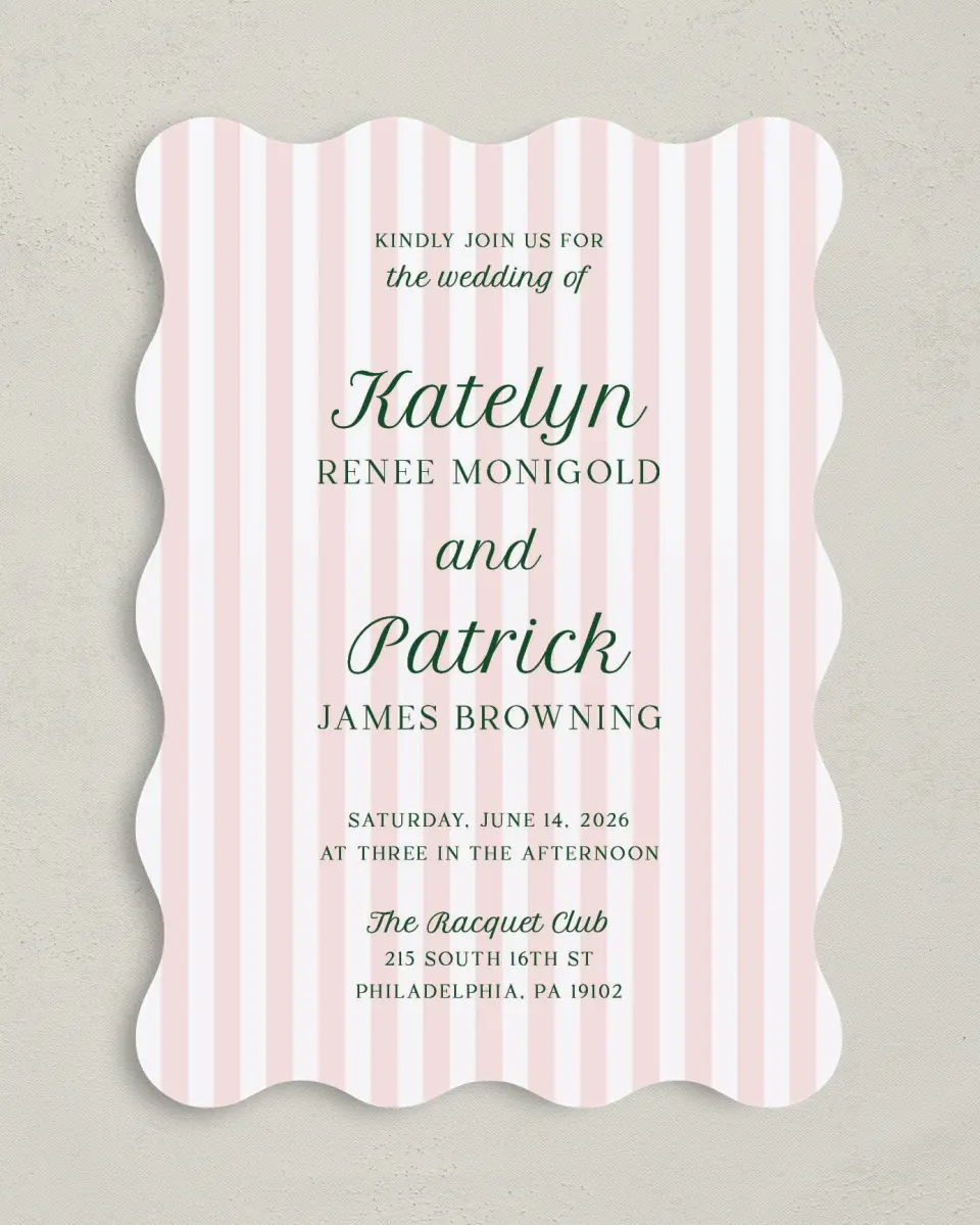 This is a 5" x 7" Wavy Wedding Invitation called A Perfect Match printed in full color on Premium Smooth paper