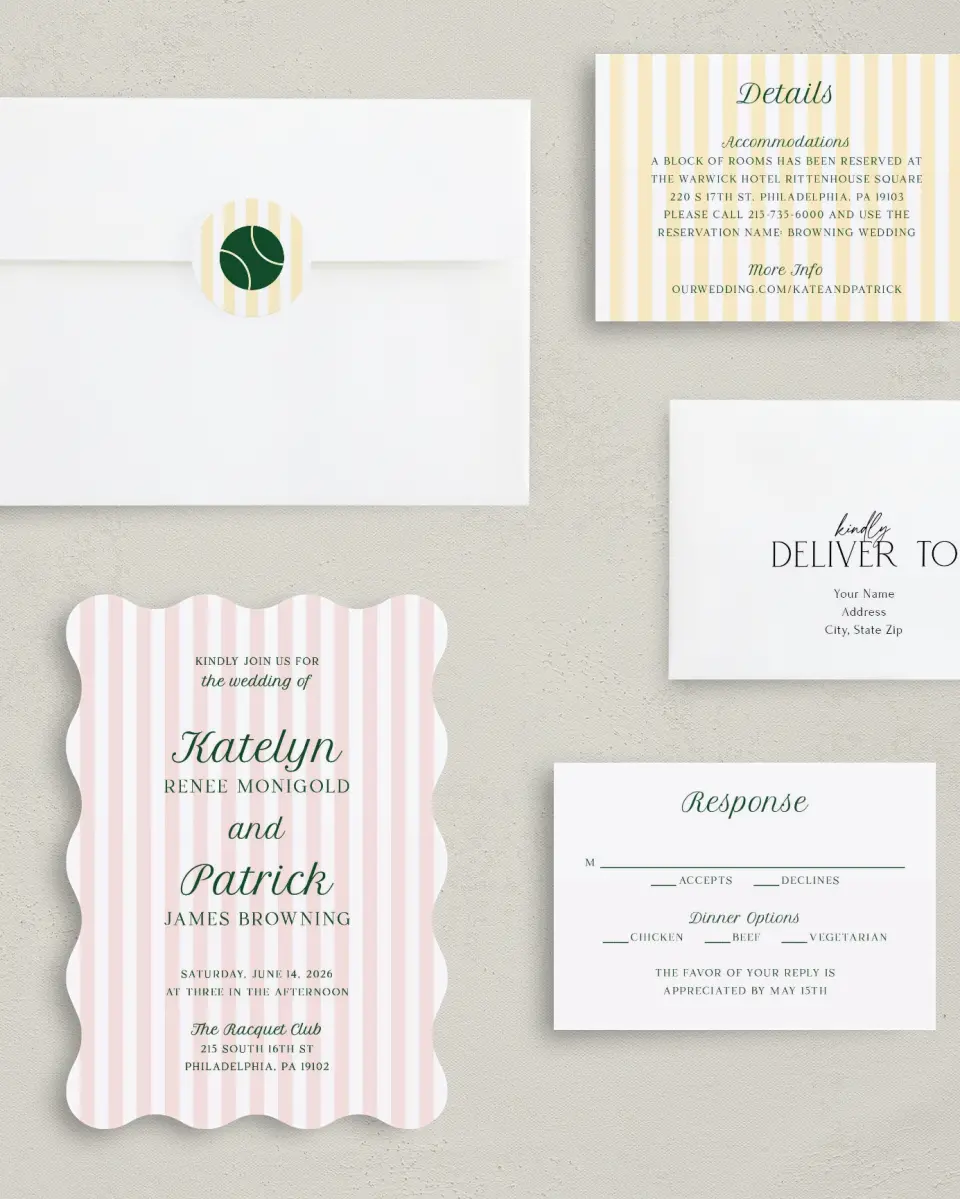 This is a 5" x 7" Wavy Wedding Invitation called A Perfect Match printed in full color with Gold foil on Luxe Satin (coated) paper