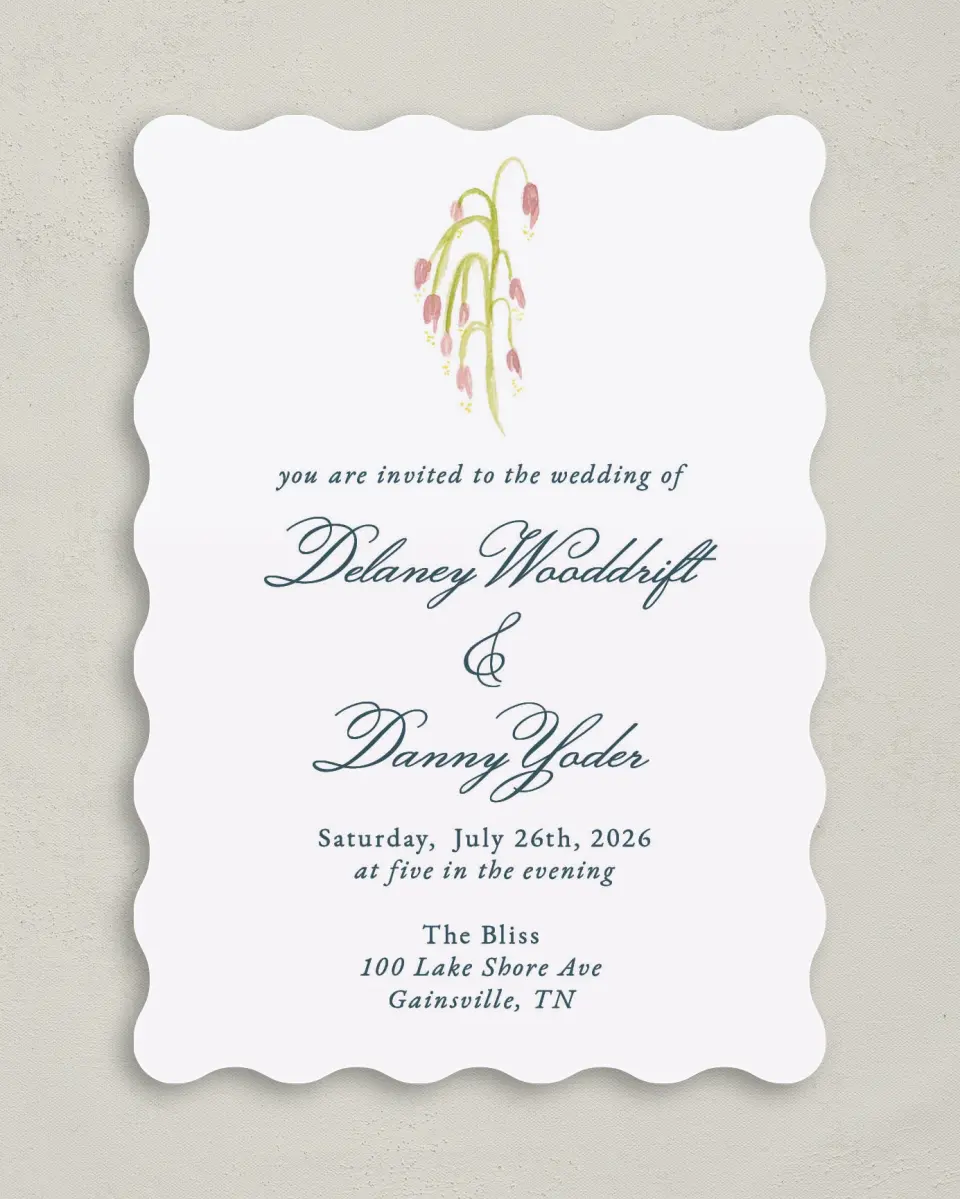 This is a 5" x 7" Wavy Wedding Invitation called Garden of Vows printed in full color on Premium Smooth paper