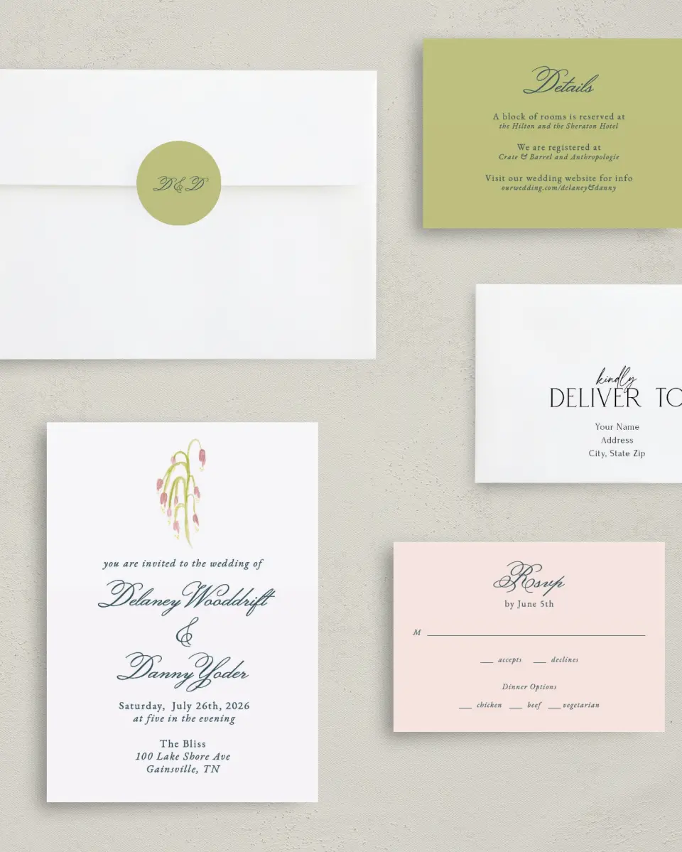 This is a 5" x 7" Classic Wedding Invitation called Garden of Vows printed in full color with Gold foil on Luxe Satin (coated) paper