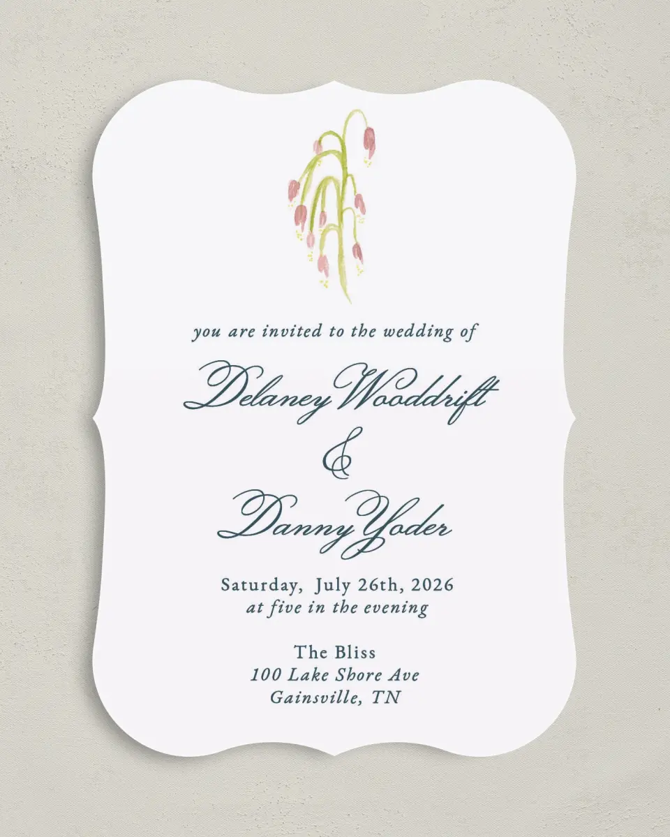 This is a 5" x 7" Bracket Wedding Invitation called Garden of Vows printed in full color on Premium Smooth paper