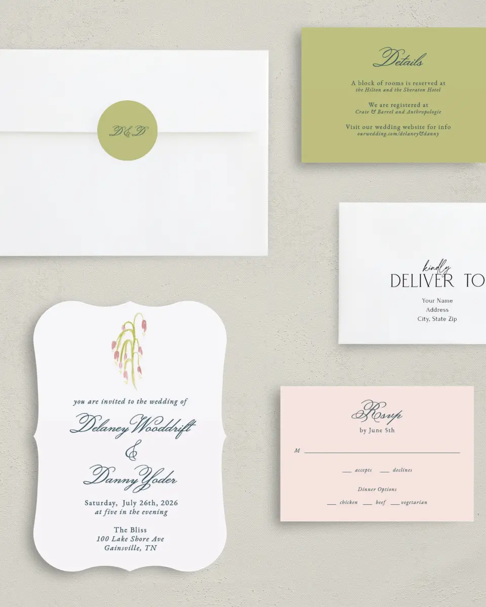This is a 5" x 7" Bracket Wedding Invitation called Garden of Vows printed in full color with Silver foil on Luxe Satin (coated) paper