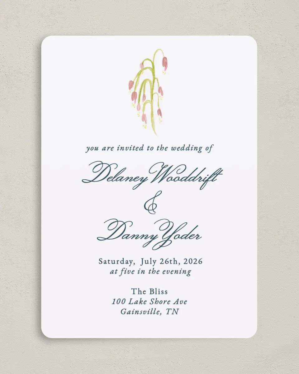 This is a 5" x 7" Rounded Wedding Invitation called Garden of Vows printed in full color on Premium Smooth paper