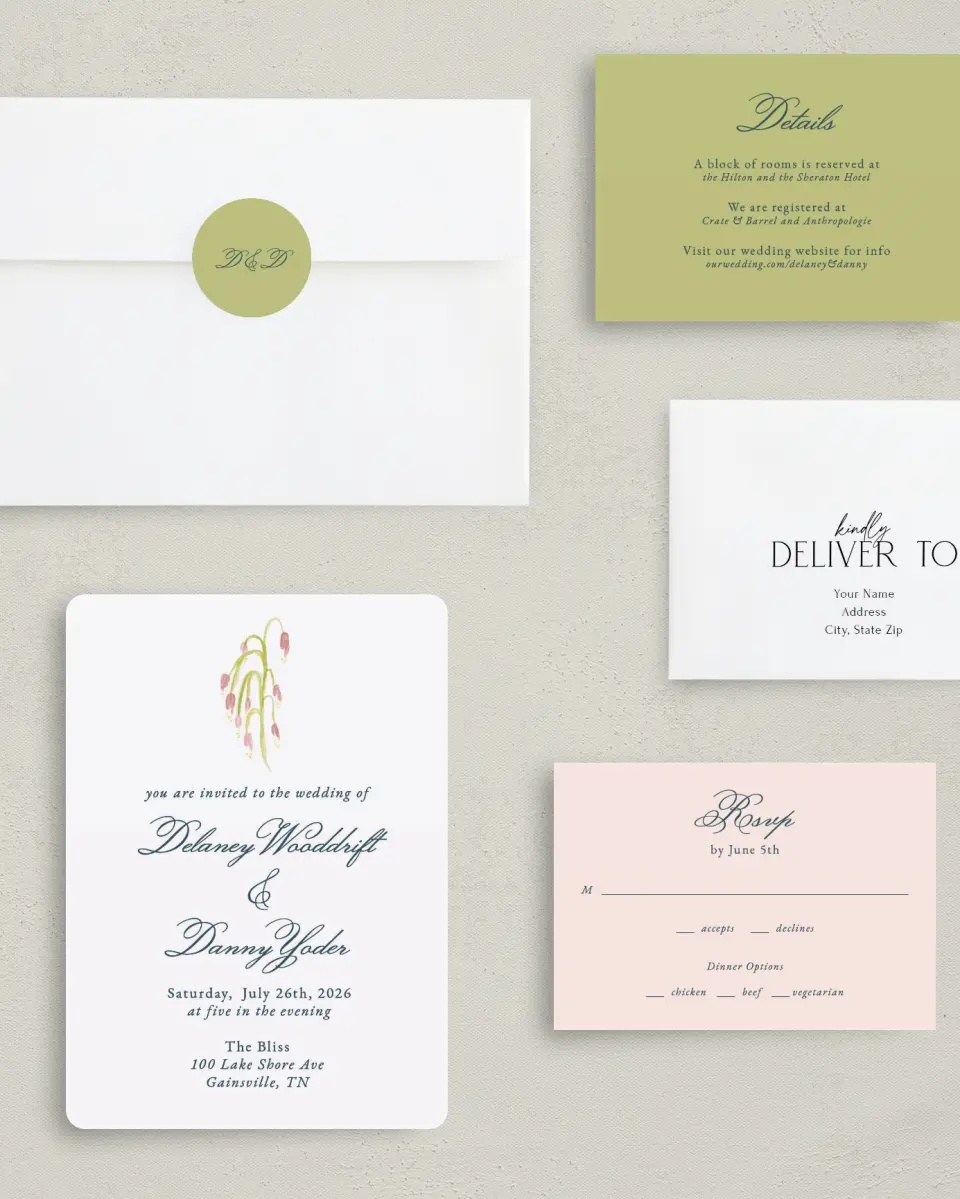 This is a 5" x 7" Rounded Wedding Invitation called Garden of Vows printed in full color with Rose Gold foil on Luxe Satin (coated) paper
