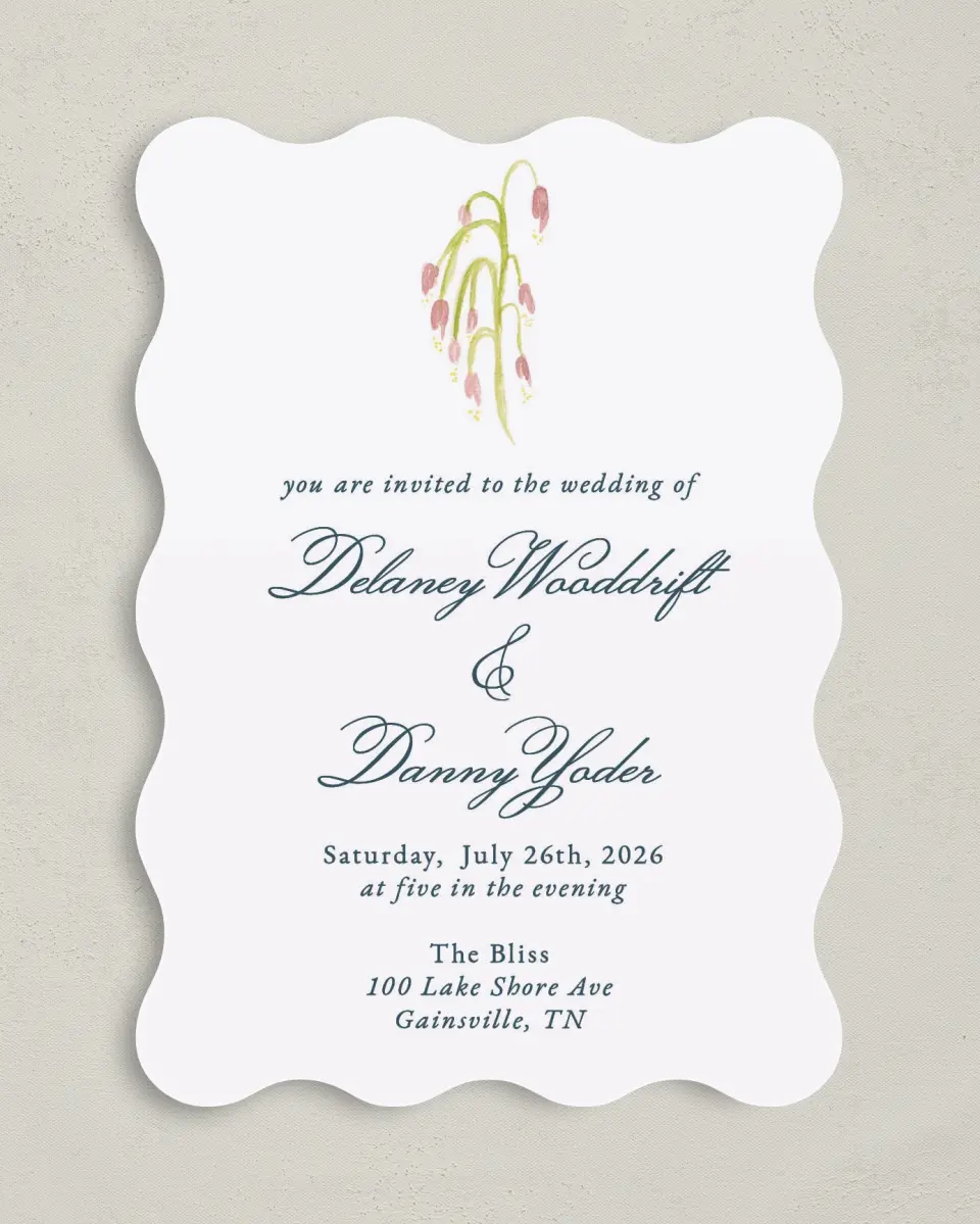 This is a 5" x 7" Wavy Wedding Invitation called Garden of Vows printed in full color on Premium Smooth paper