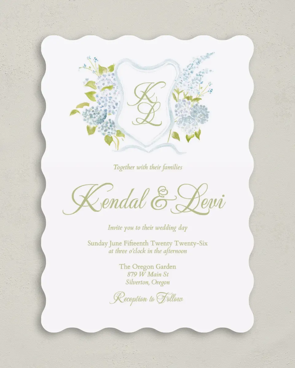 This is a 5" x 7" Wavy Wedding Invitation called Southern Belle printed in full color on Premium Smooth paper