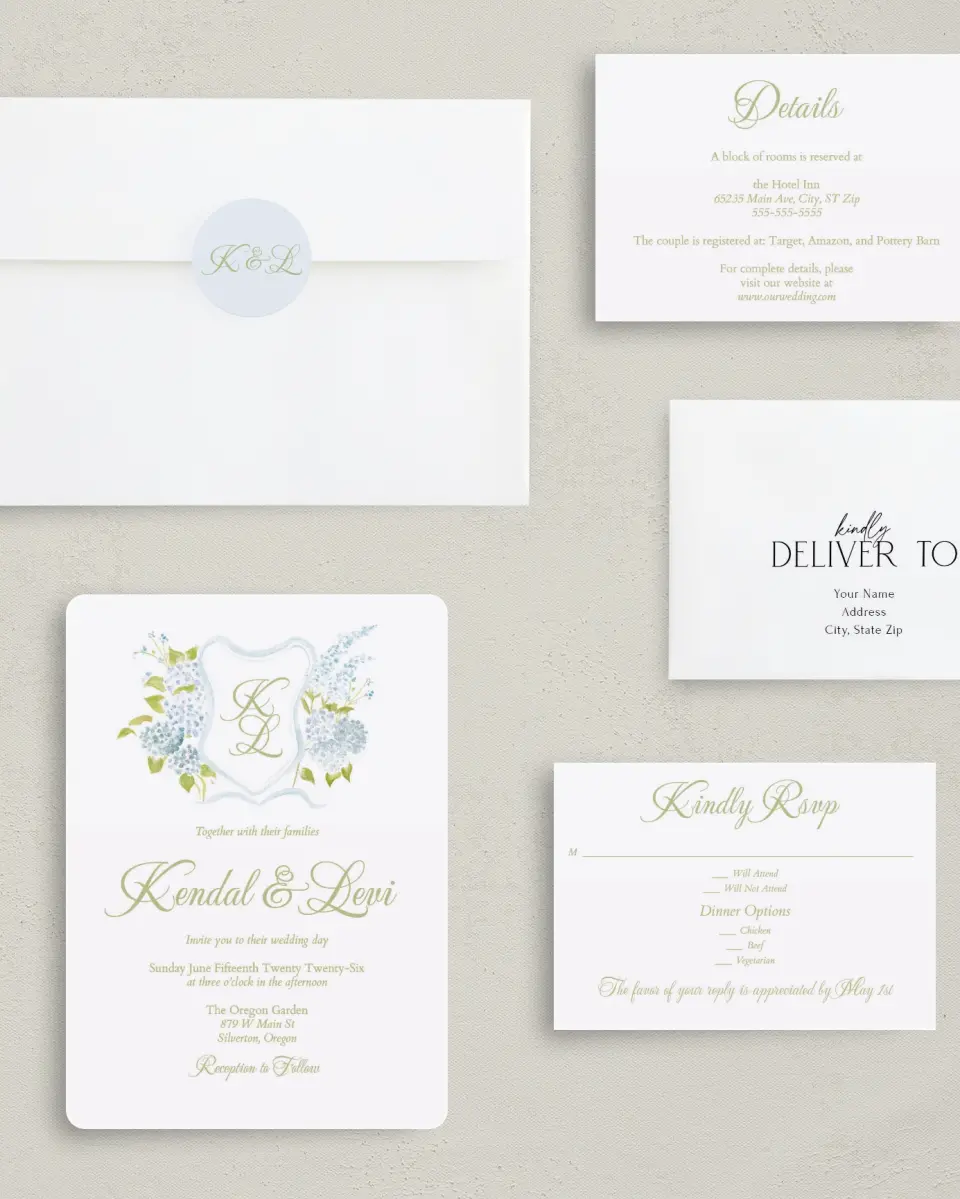 This is a 5" x 7" Rounded Wedding Invitation called Southern Belle printed in full color with Gold foil on Luxe Satin (coated) paper