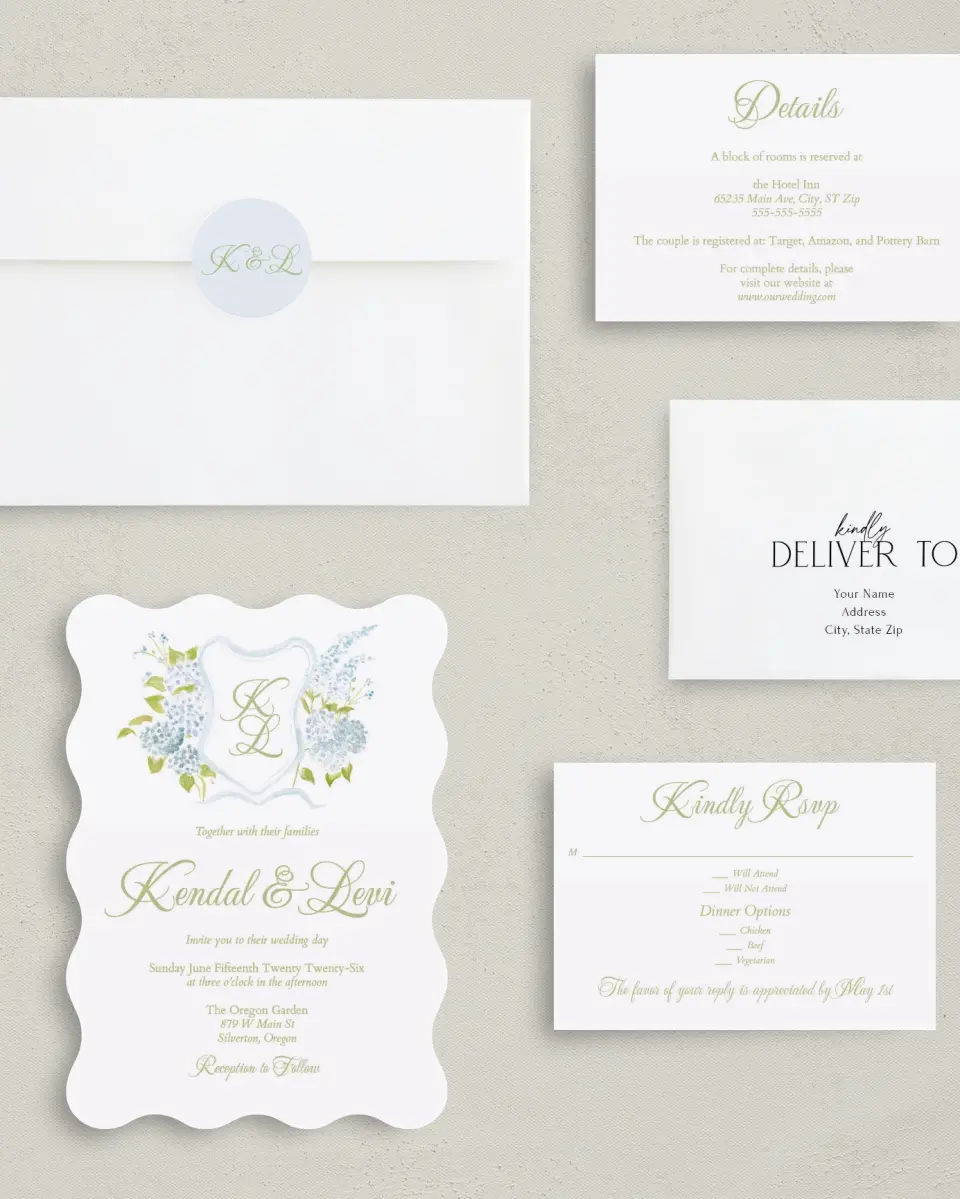 This is a 5" x 7" Wavy Wedding Invitation called Southern Belle printed in full color with Silver foil on Luxe Satin (coated) paper