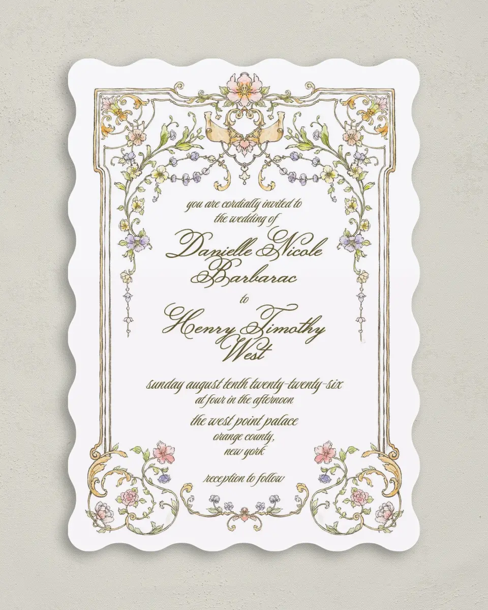 This is a 5" x 7" Wavy Wedding Invitation called Ever After printed in full color on Premium Smooth paper