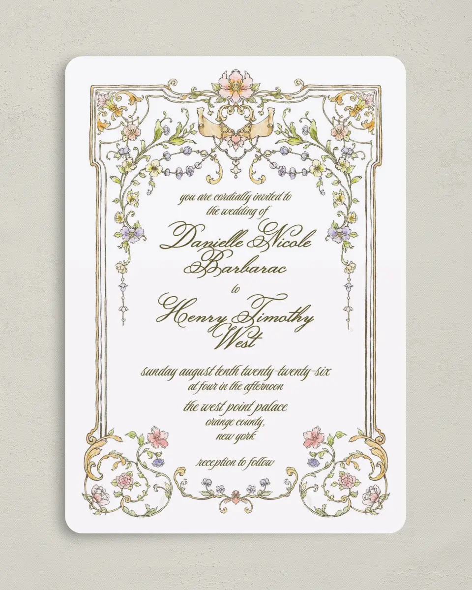 This is a 5" x 7" Rounded Wedding Invitation called Ever After printed in full color on Premium Smooth paper
