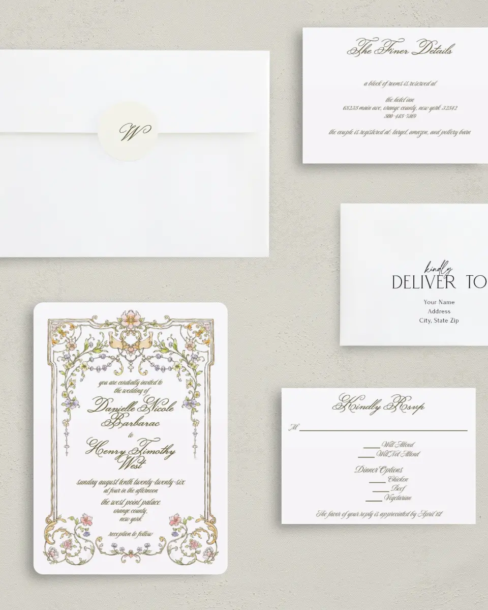 This is a 5" x 7" Rounded Wedding Invitation called Ever After printed in full color with Silver foil on Luxe Satin (coated) paper