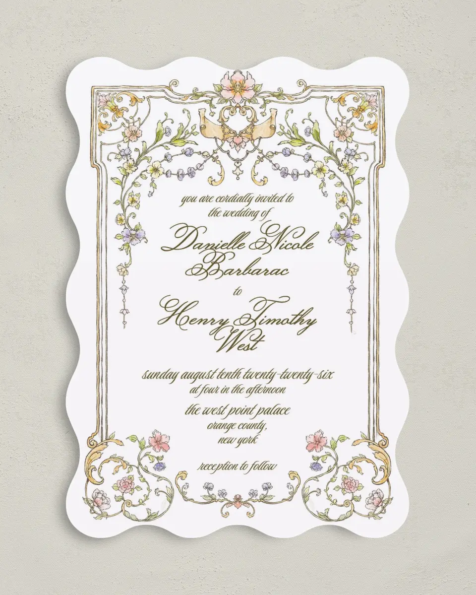 This is a 5" x 7" Wavy Wedding Invitation called Ever After printed in full color on Premium Smooth paper