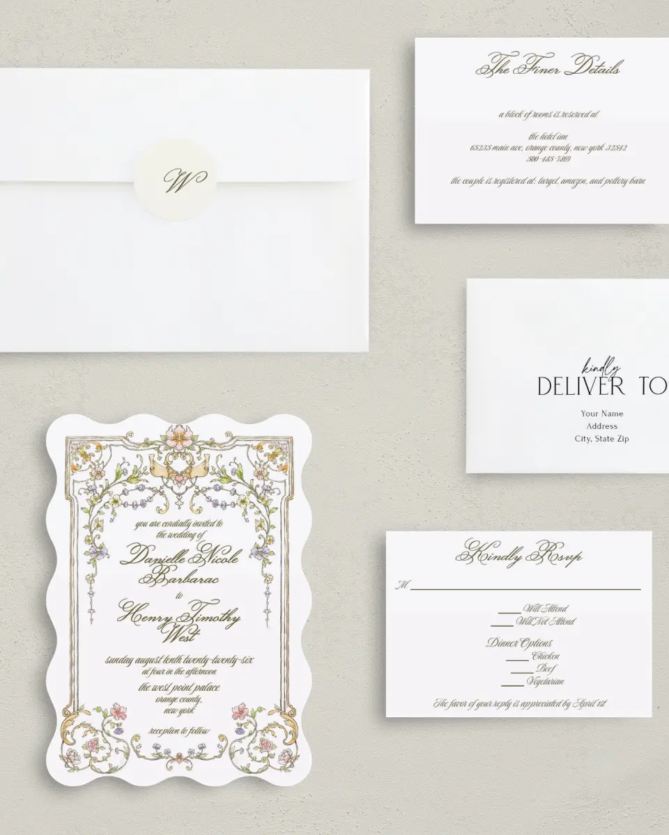 This is a 5" x 7" Wavy Wedding Invitation called Ever After printed in full color with Silver foil on Luxe Satin (coated) paper