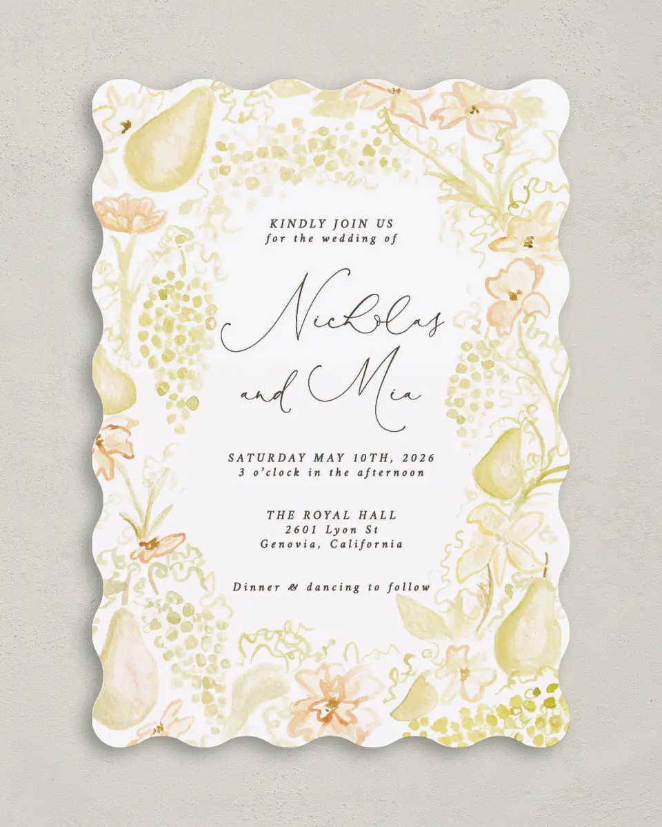 This is a 5" x 7" Wavy Wedding Invitation called Royal Glory printed in full color on Premium Smooth paper