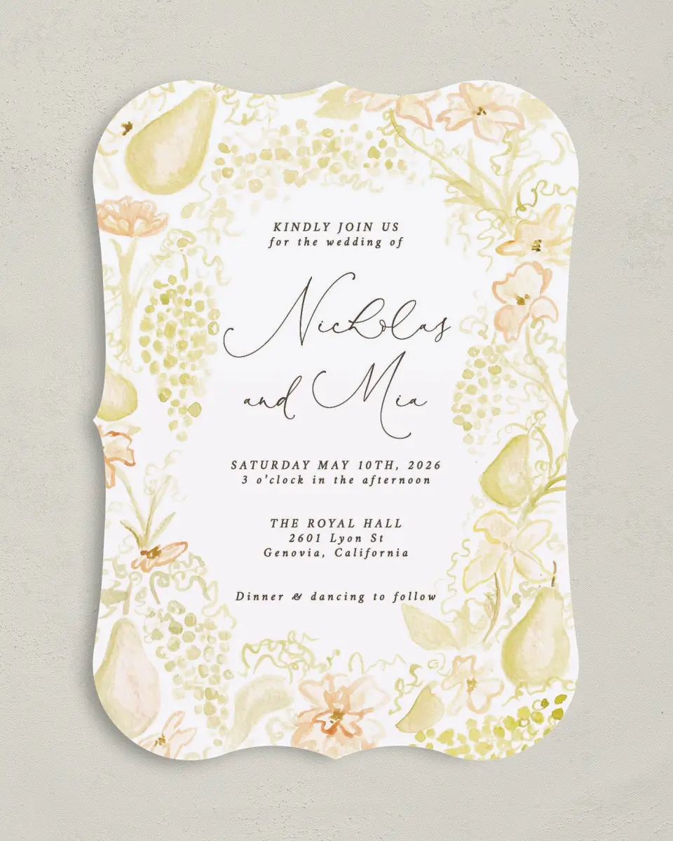 This is a 5" x 7" Bracket Wedding Invitation called Royal Glory printed in full color on Premium Smooth paper