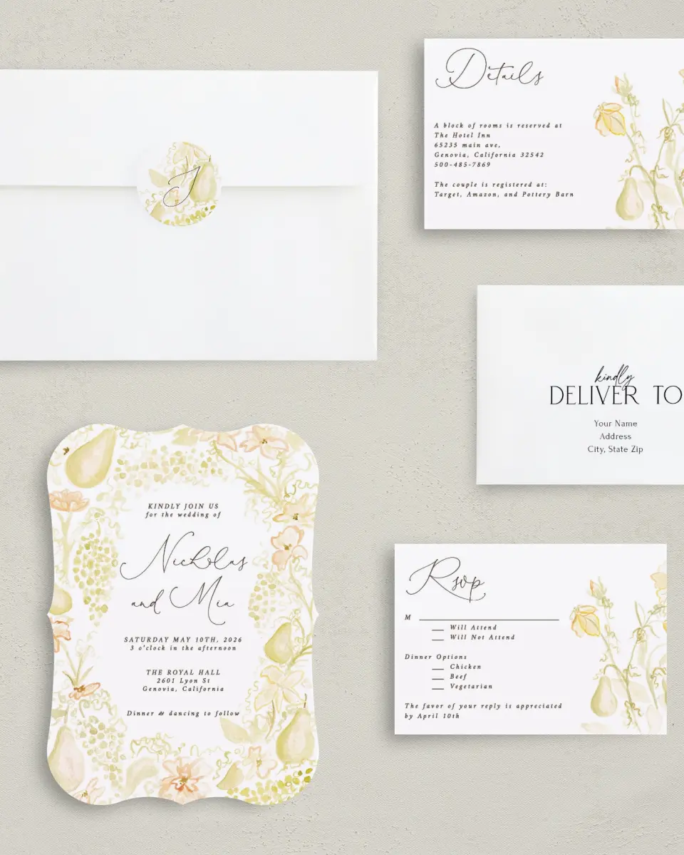 This is a 5" x 7" Bracket Wedding Invitation called Royal Glory printed in full color with Silver foil on Luxe Satin (coated) paper