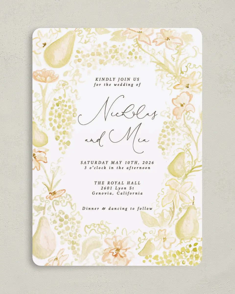 This is a 5" x 7" Rounded Wedding Invitation called Royal Glory printed in full color on Premium Smooth paper