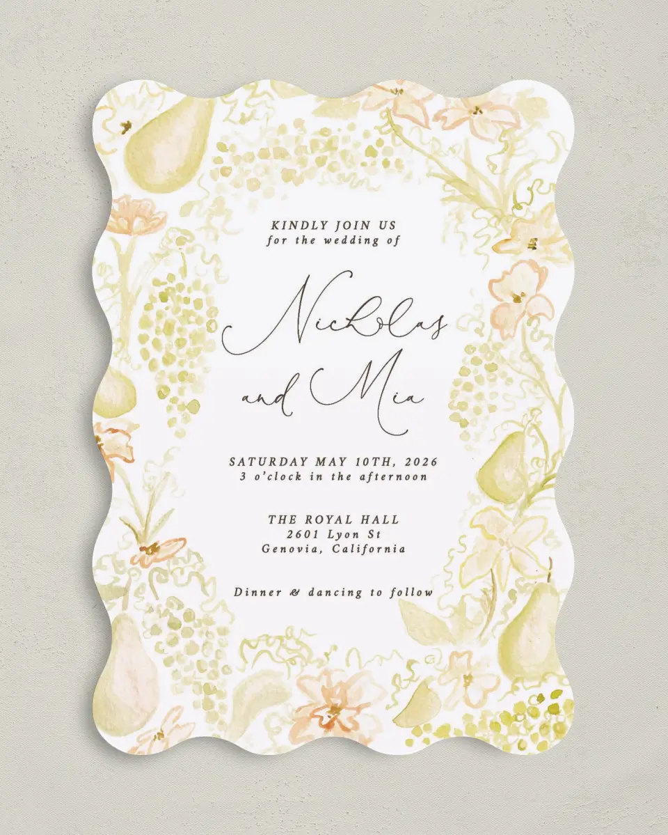 This is a 5" x 7" Wavy Wedding Invitation called Royal Glory printed in full color on Premium Smooth paper