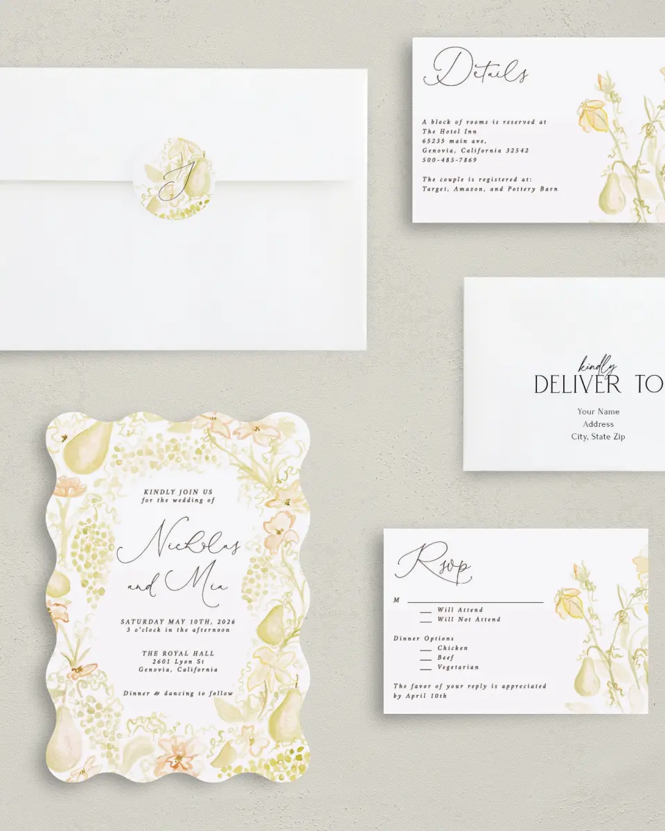 This is a 5" x 7" Wavy Wedding Invitation called Royal Glory printed in full color with Silver foil on Luxe Satin (coated) paper