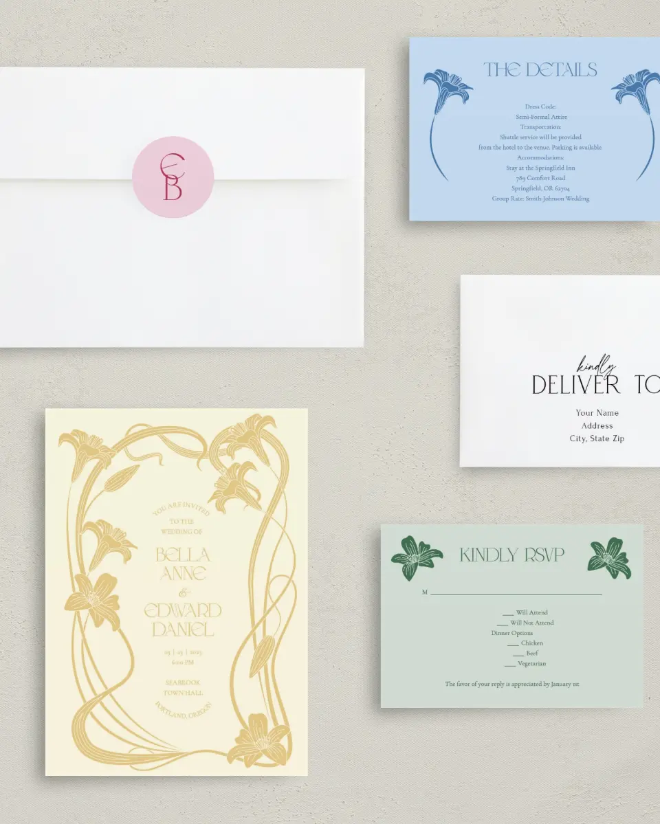 This is a 5" x 7" Classic Wedding Invitation called Water Lily printed in full color with Gold foil on Luxe Satin (coated) paper
