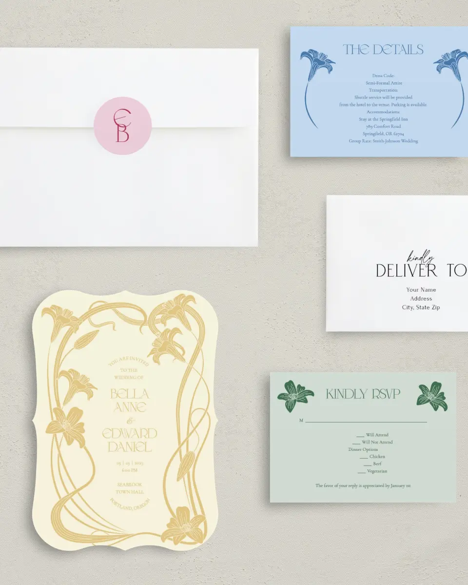 This is a 5" x 7" Bracket Wedding Invitation called Water Lily printed in full color on Premium Smooth paper