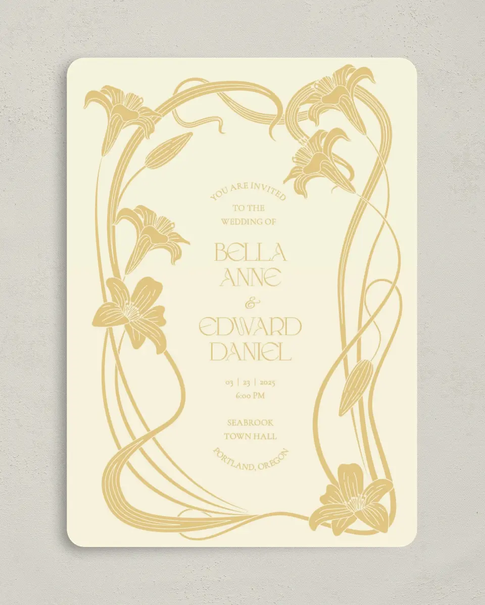 This is a 5" x 7" Rounded Wedding Invitation called Water Lily printed in full color on Premium Smooth paper