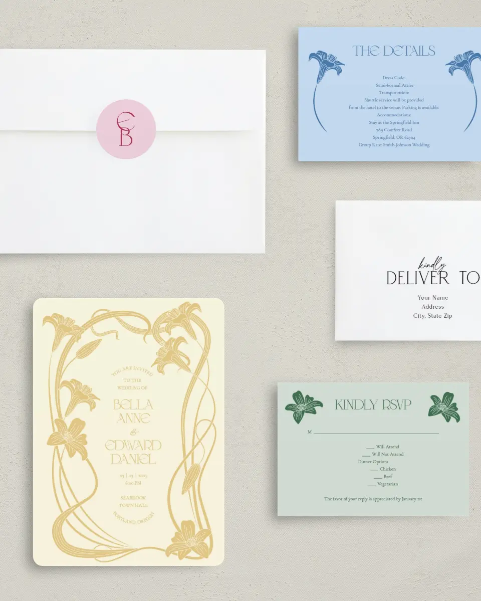 This is a 5" x 7" Rounded Wedding Invitation called Water Lily printed in full color on Premium Smooth paper