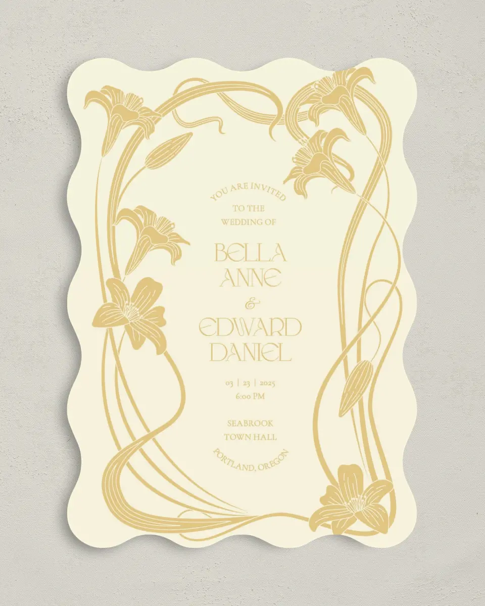 This is a 5" x 7" Wavy Wedding Invitation called Water Lily printed in full color with Silver foil on Luxe Satin (coated) paper