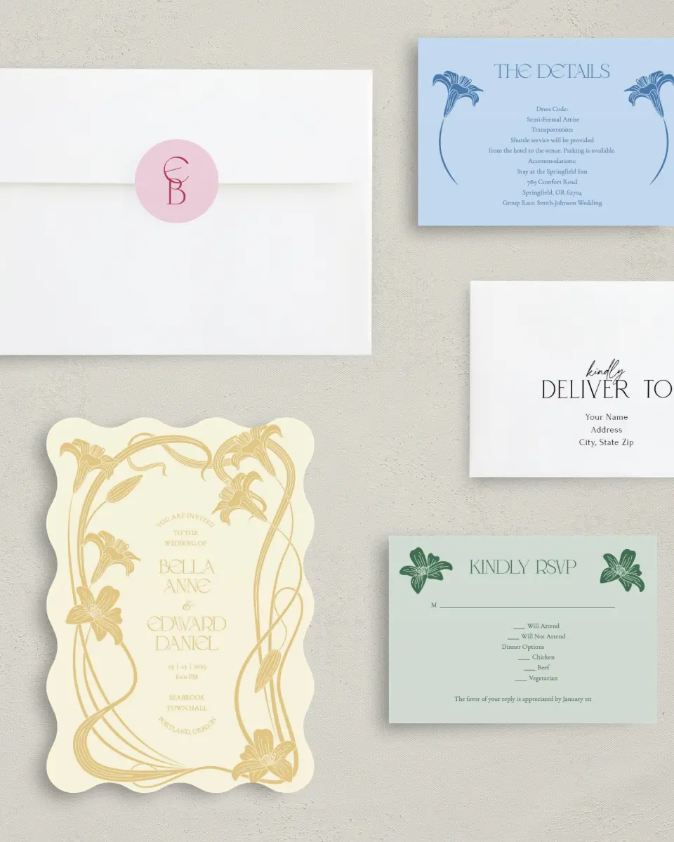 This is a 5" x 7" Wavy Wedding Invitation called Water Lily printed in full color with Silver foil on Luxe Satin (coated) paper