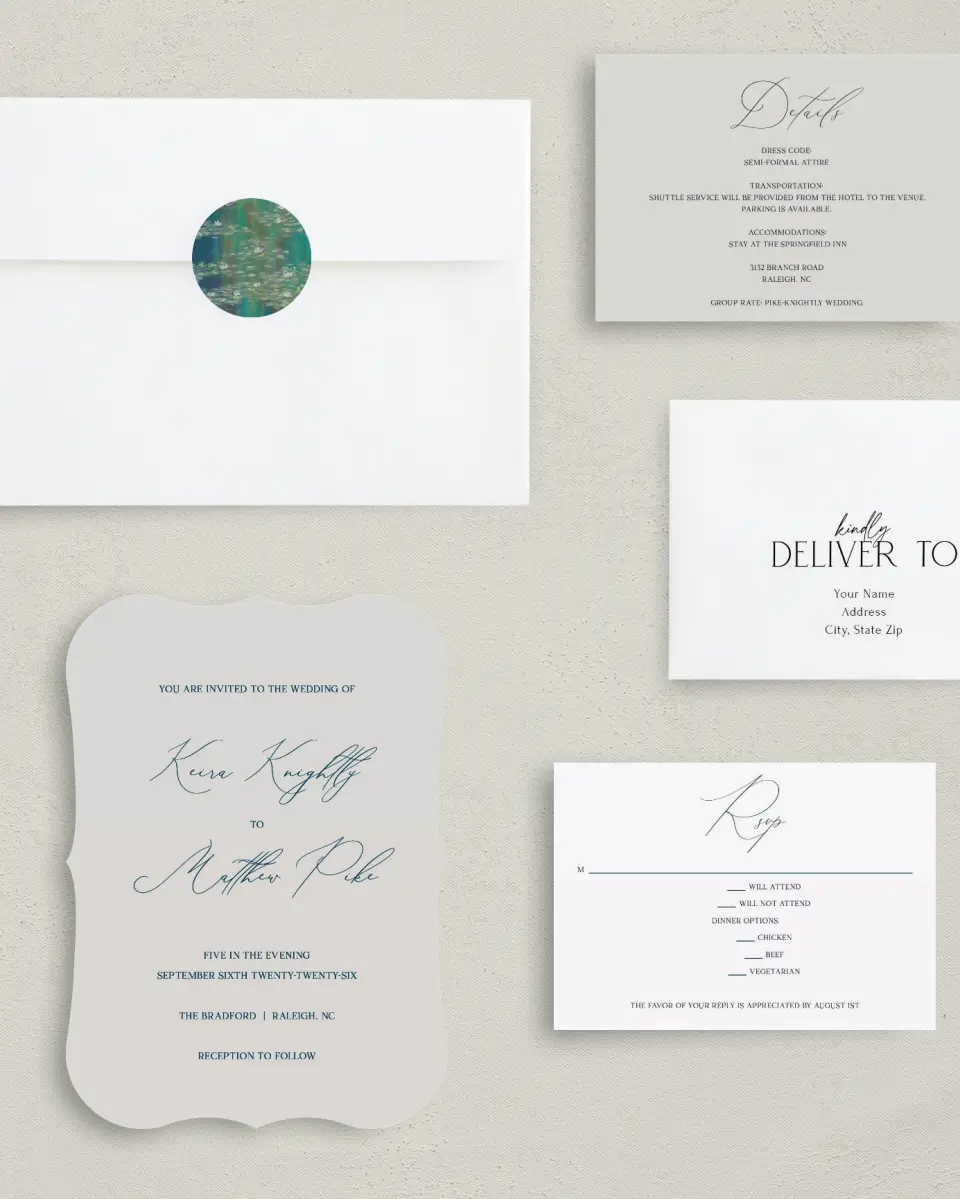 This is a 5" x 7" Bracket Wedding Invitation called Bridge To Love printed in full color with Silver foil on Luxe Satin (coated) paper