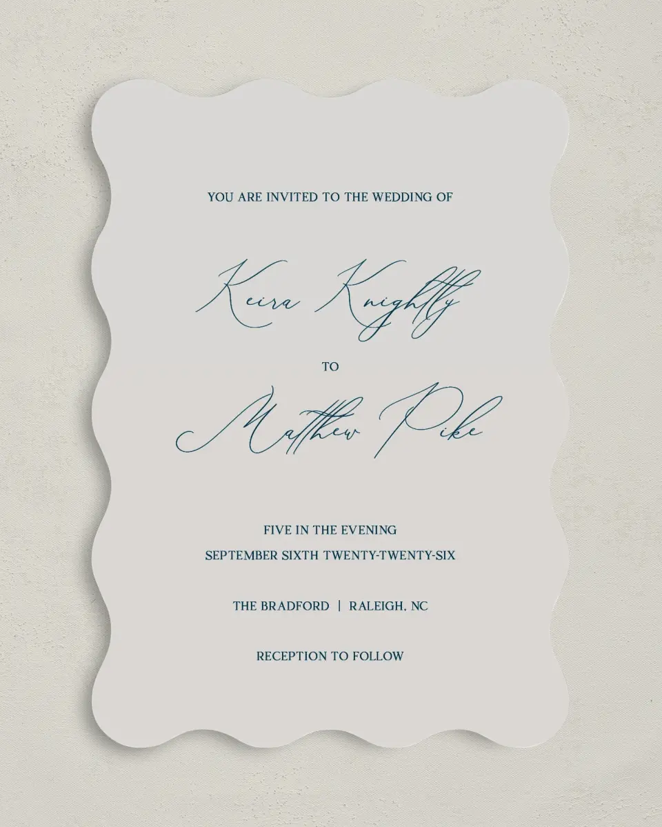 This is a 5" x 7" Wavy Wedding Invitation called Bridge To Love printed in full color on Premium Smooth paper
