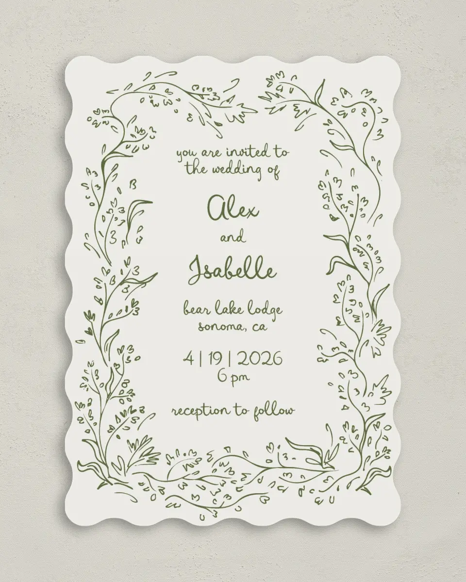 This is a 5" x 7" Wavy Wedding Invitation called Sweet Woodland printed in full color on Premium Smooth paper