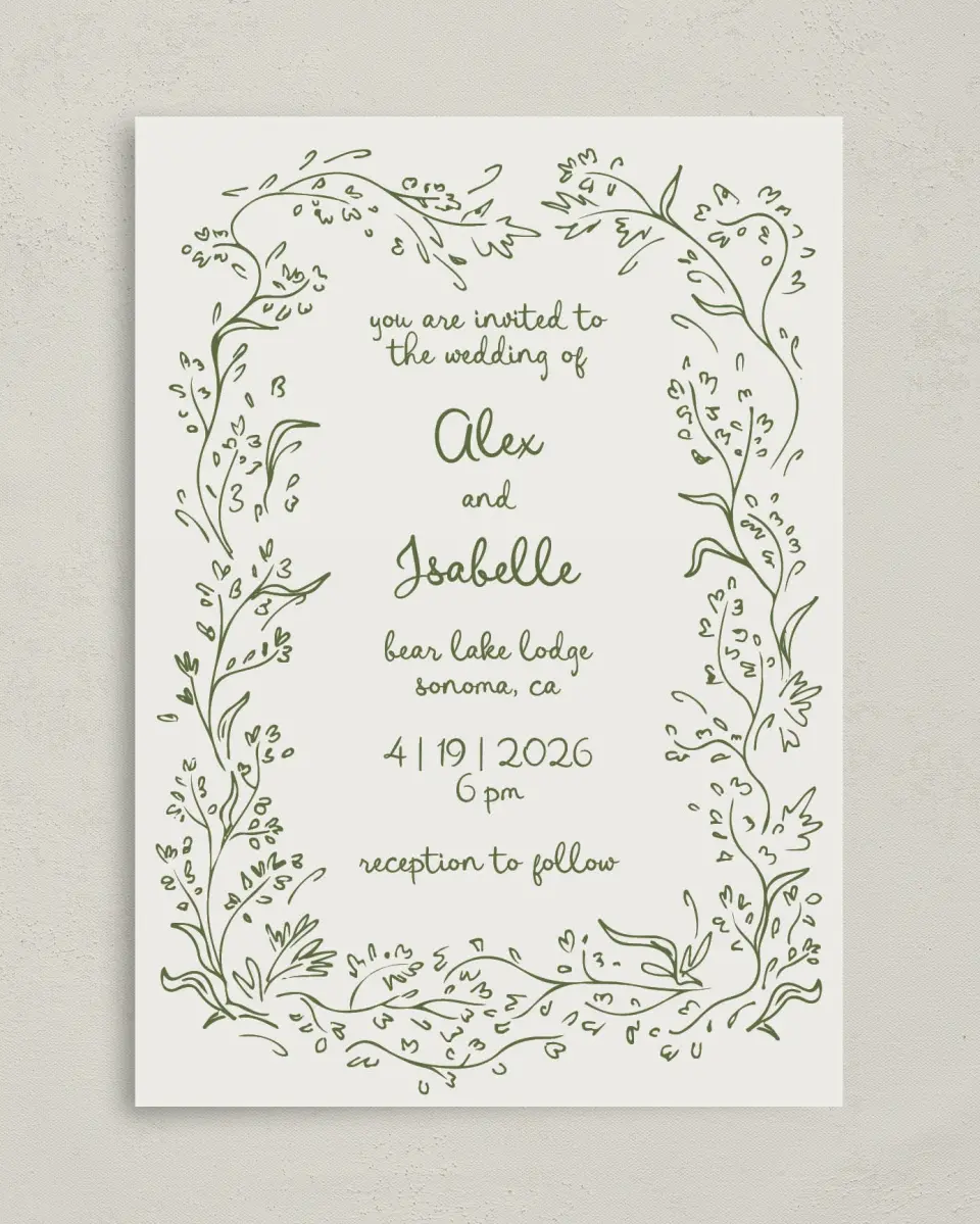 This is a 5" x 7" Classic Wedding Invitation called Sweet Woodland printed in full color on Premium Smooth paper
