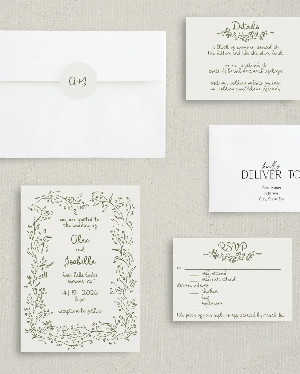 This is a 5" x 7" Classic Wedding Invitation called Sweet Woodland printed in full color on Premium Smooth paper