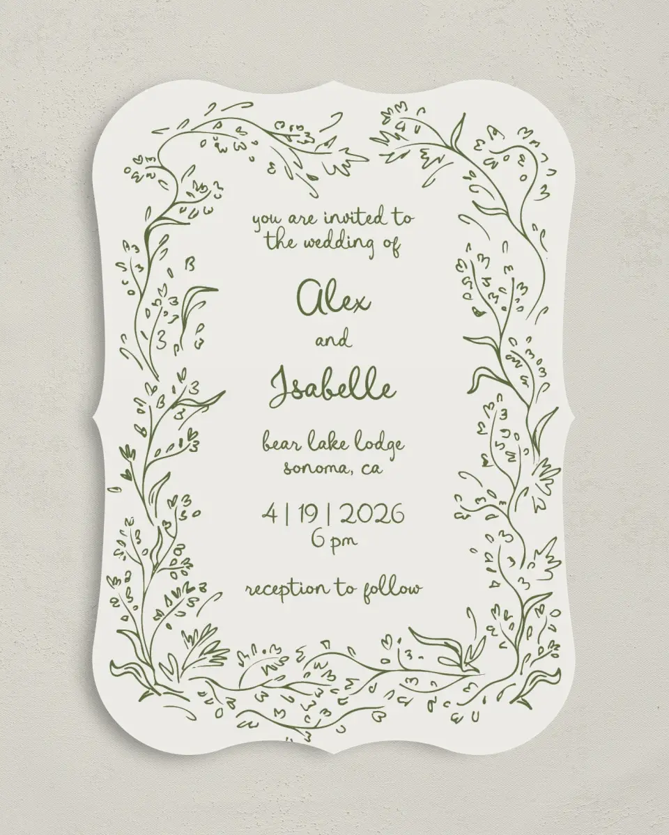 This is a 5" x 7" Bracket Wedding Invitation called Sweet Woodland printed in full color on Premium Smooth paper