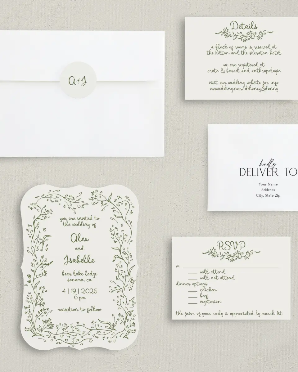 This is a 5" x 7" Bracket Wedding Invitation called Sweet Woodland printed in full color with Silver foil on Luxe Satin (coated) paper