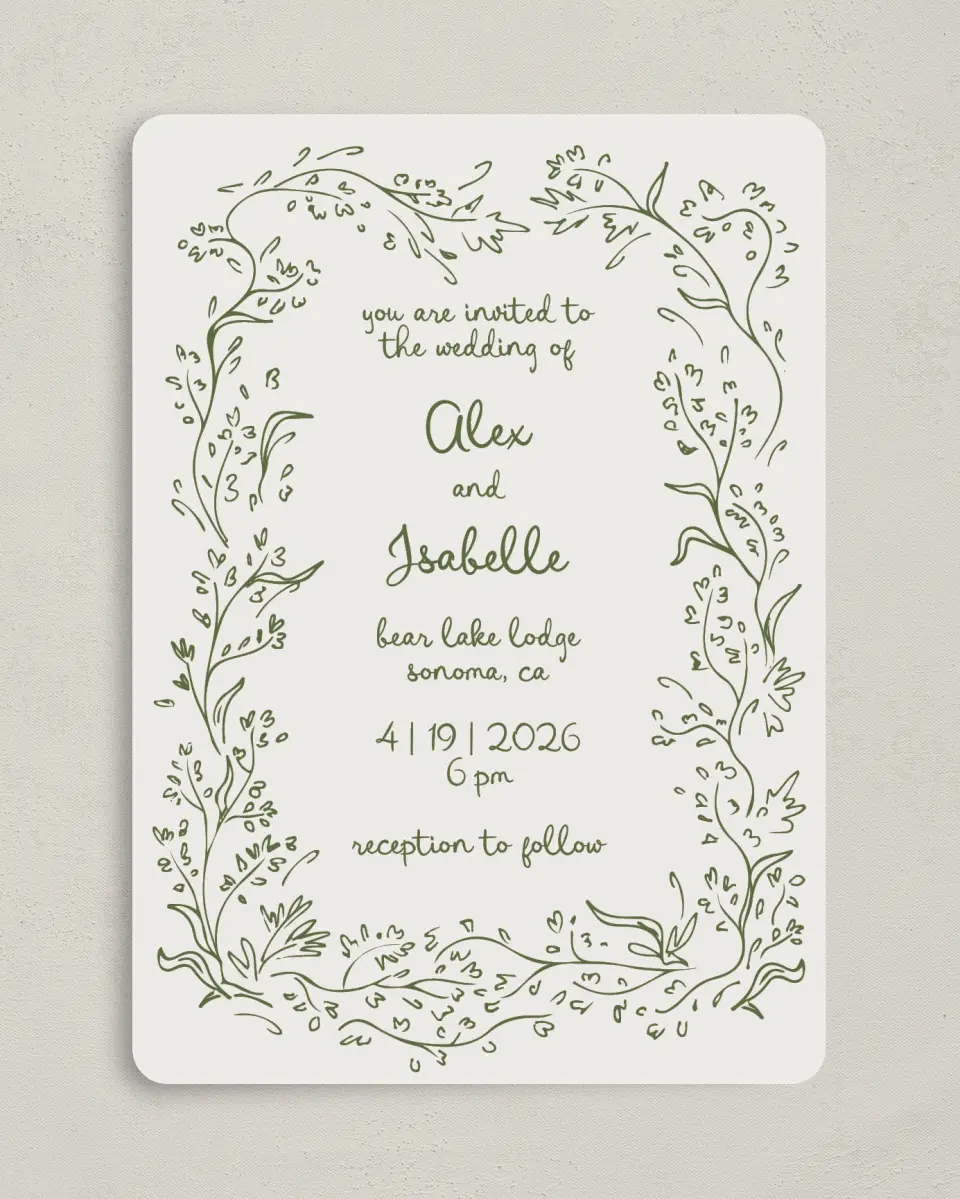 This is a 5" x 7" Rounded Wedding Invitation called Sweet Woodland printed in full color on Premium Smooth paper