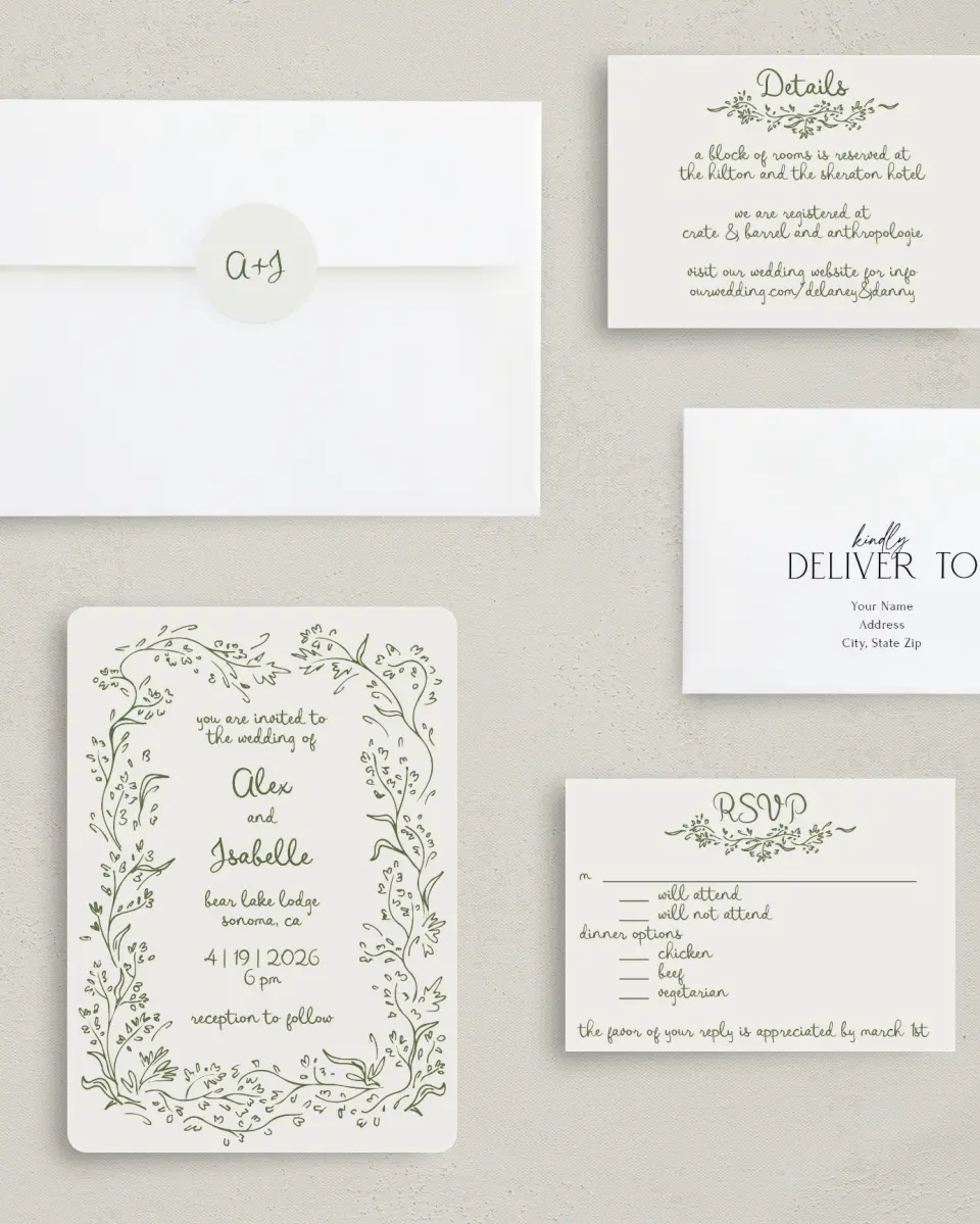This is a 5" x 7" Rounded Wedding Invitation called Sweet Woodland printed in full color with Rose Gold foil on Luxe Satin (coated) paper