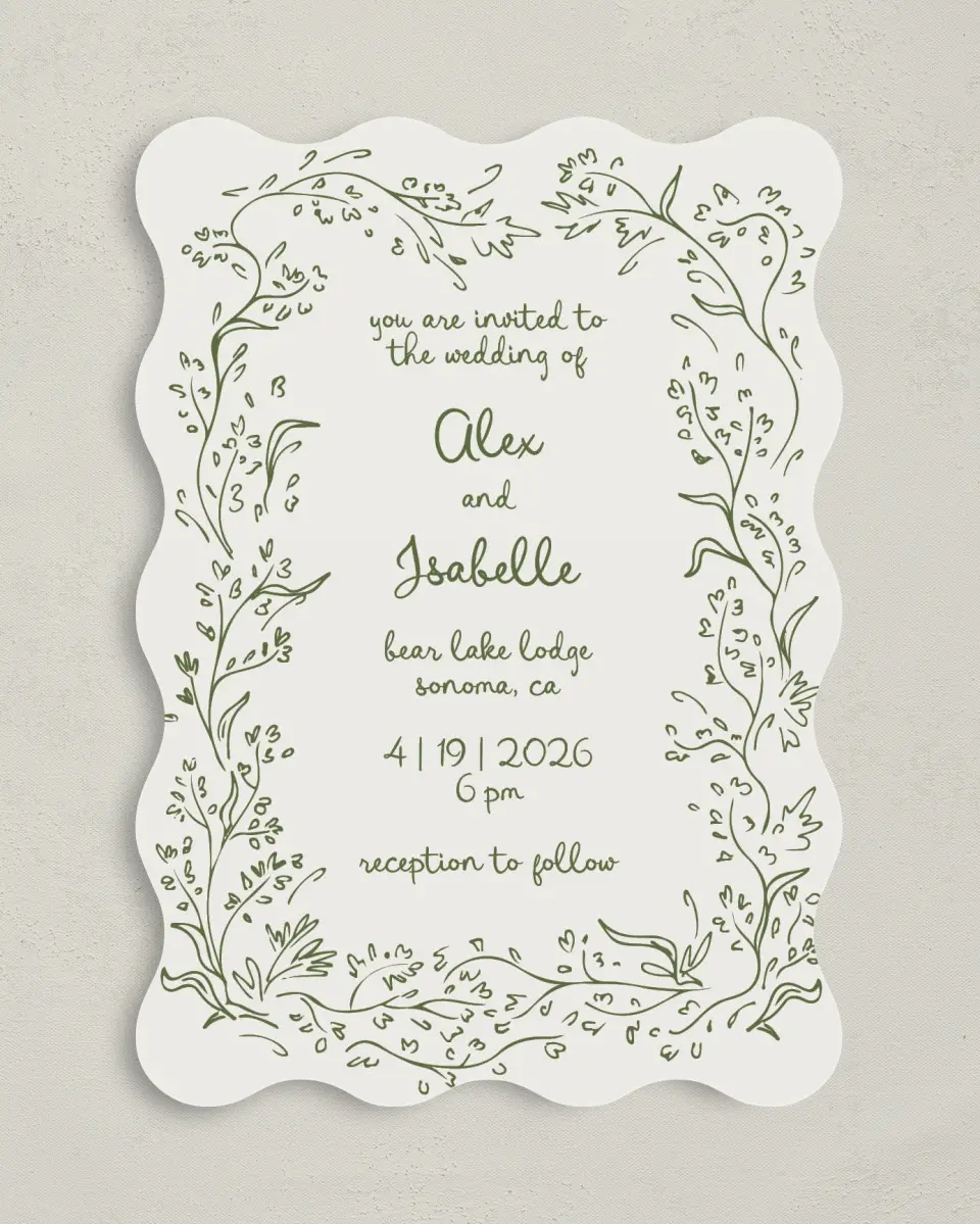 This is a 5" x 7" Wavy Wedding Invitation called Sweet Woodland printed in full color on Premium Smooth paper